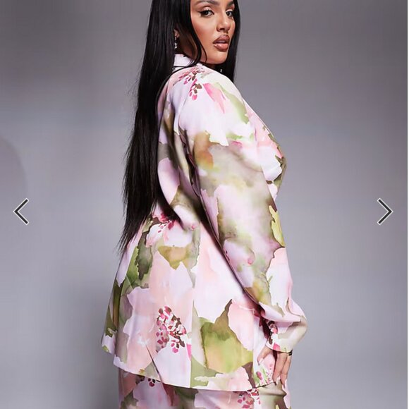 ASOS LUXE Womens Curve Tailored Suit Pants (18) & Jacket (14) Pink Floral Print - Picture 2 of 8